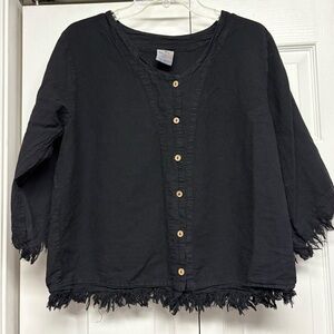 Black Button-Up Frayed Hem Top